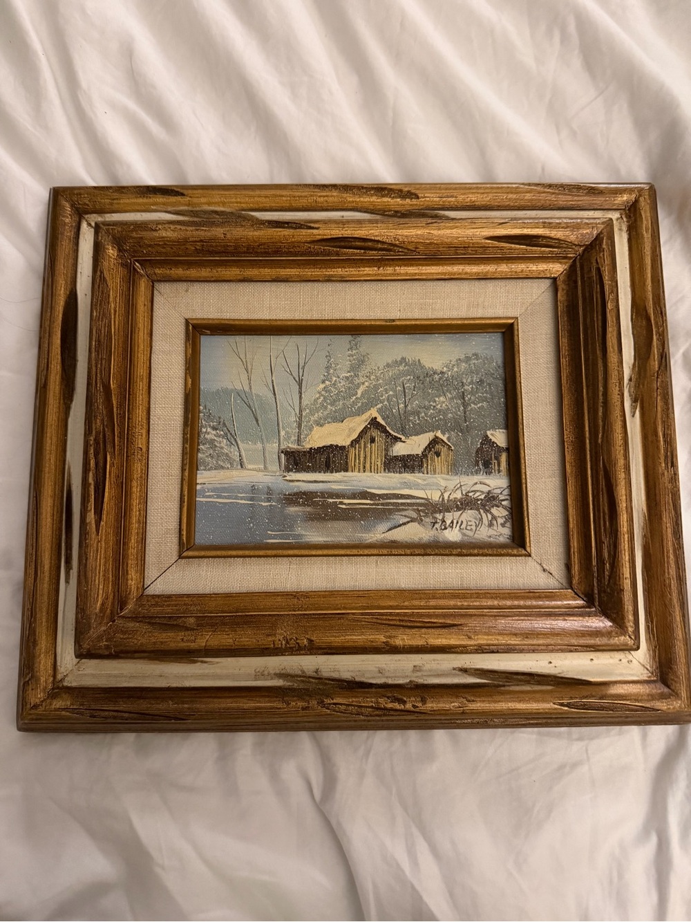 Vintage 1970s Winter Cabin Oil Painting Ornate Heavy Wood Frame Decor Art
